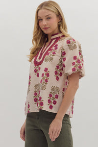 Botanical Garden- Ecru Floral print short bubble sleeve top