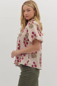 Botanical Garden- Ecru Floral print short bubble sleeve top