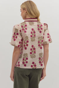 Botanical Garden- Ecru Floral print short bubble sleeve top