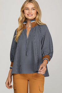 Denise- High collared striped navy/tan contrast half zip top