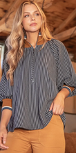 Load image into Gallery viewer, Denise- High collared striped navy/tan contrast half zip top
