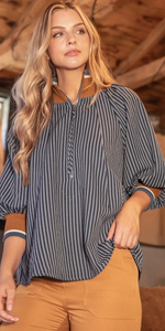 Denise- High collared striped navy/tan contrast half zip top