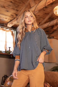 Denise- High collared striped navy/tan contrast half zip top