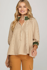 Denise- Oversized High collared striped khaki/tan contrast half zip top