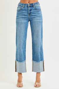 Risen Jeans- Mid Rise Cropped wide leg cuffed jeans