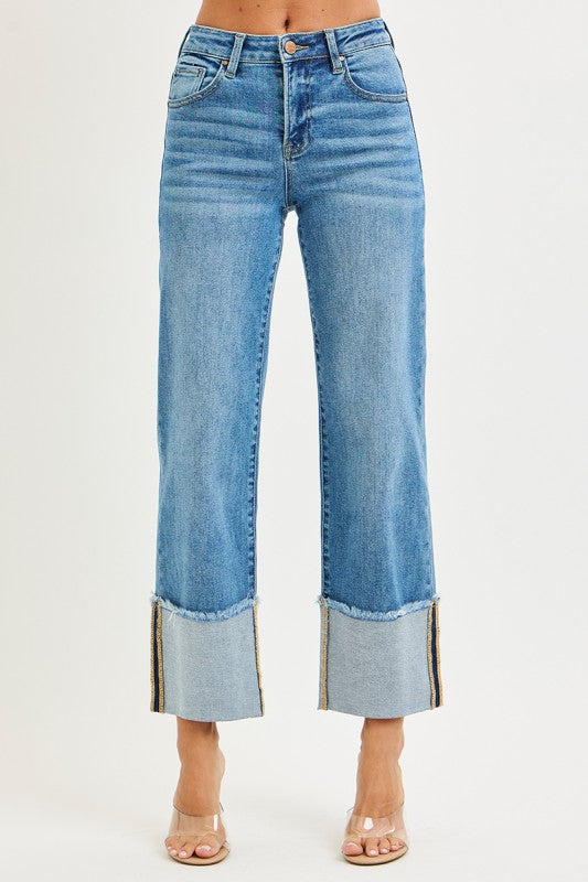 Risen Jeans- Mid Rise Cropped wide leg cuffed jeans