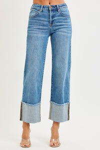 Risen Jeans- Mid Rise Cropped wide leg cuffed jeans