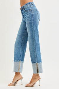 Risen Jeans- Mid Rise Cropped wide leg cuffed jeans