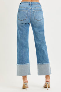 Risen Jeans- Mid Rise Cropped wide leg cuffed jeans