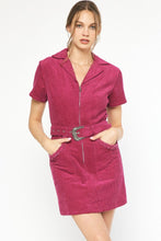 Load image into Gallery viewer, Heavenly - plum corduroy belted waist utility dress
