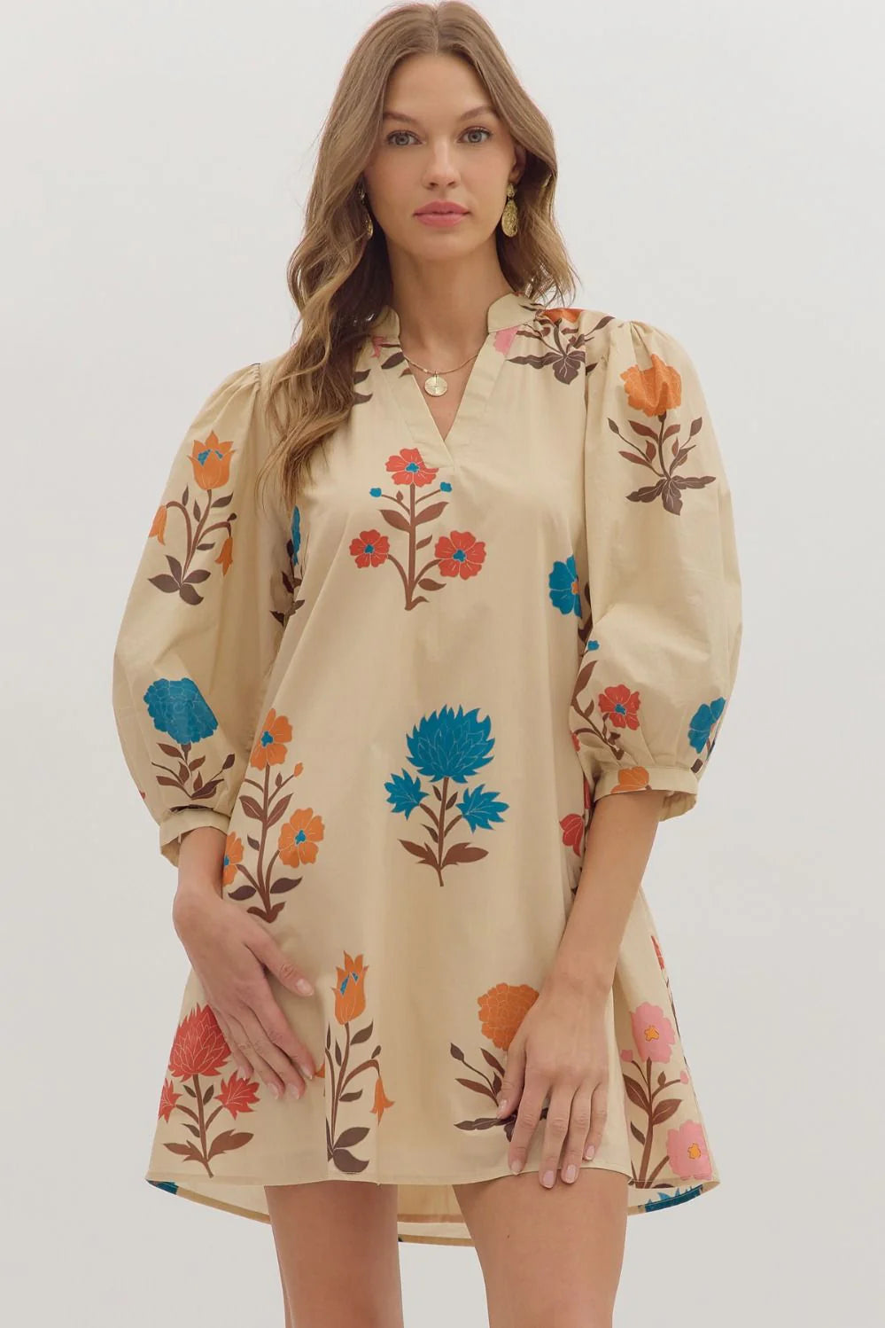 Nina- Floral print fully lined pleated shoulder V-neck dress  with pockets