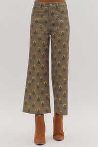 Botanical print wide leg cropped jeans