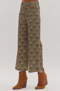Botanical print wide leg cropped jeans