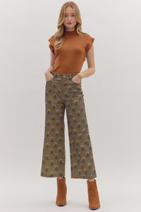 Botanical print wide leg cropped jeans