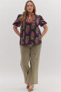Plus Tara- Red Black Floral pattern contract neckline top