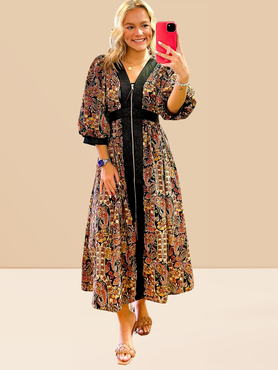 Elen- Paisley Design puff sleeve midi length zip up dress