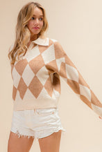 Load image into Gallery viewer, Arachova- Taupe and cream Diamond print v neck collar sweater
