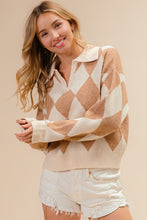 Load image into Gallery viewer, Arachova- Taupe and cream Diamond print v neck collar sweater
