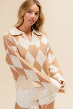 Load image into Gallery viewer, Arachova- Taupe and cream Diamond print v neck collar sweater

