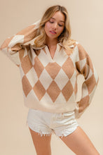 Load image into Gallery viewer, Arachova- Taupe and cream Diamond print v neck collar sweater
