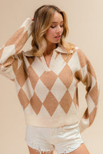 Load image into Gallery viewer, Arachova- Taupe and cream Diamond print v neck collar sweater
