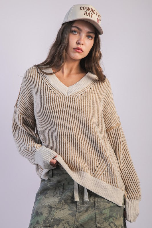 DENVER- Cream & Beige Chunky two tone Vneck sweater top