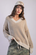 DENVER- Cream & Beige Chunky two tone Vneck sweater top