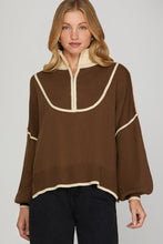 Load image into Gallery viewer, Chaffee- Chocolate HALF ZIP SWEATER WITH CONTRAST BINDING DETAIL
