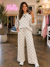 Load image into Gallery viewer, Oatmeal polka dot crewneck two piece wide leg pants set
