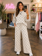 Oatmeal polka dot crewneck two piece wide leg pants set