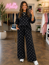 Load image into Gallery viewer, Black polka dot crewneck two piece wide leg pants set
