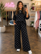 Black polka dot crewneck two piece wide leg pants set