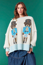 Load image into Gallery viewer, Sequin Nutcracker Bear- pastel blue ribbed hem cream oversized christmas sweater
