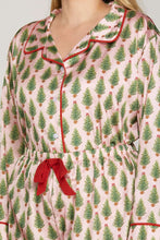 Load image into Gallery viewer, WOVEN CHRISTMAS TREE PRINT LONG SLEEVE TOP AND SHORTS SATIN PAJAMA SET
