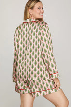 Load image into Gallery viewer, WOVEN CHRISTMAS TREE PRINT LONG SLEEVE TOP AND SHORTS SATIN PAJAMA SET
