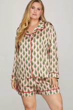 Load image into Gallery viewer, WOVEN CHRISTMAS TREE PRINT LONG SLEEVE TOP AND SHORTS SATIN PAJAMA SET
