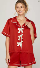 Load image into Gallery viewer, Red SATIN BOW THEMED SHORT SLEEVE WOVEN TOP/SHORTS PAJAMA SET
