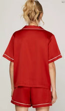 Load image into Gallery viewer, Red SATIN BOW THEMED SHORT SLEEVE WOVEN TOP/SHORTS PAJAMA SET
