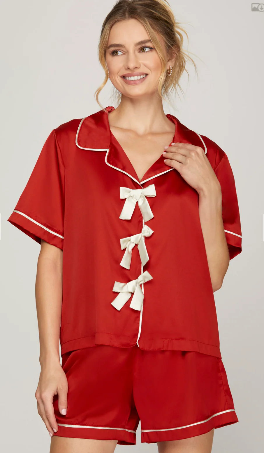 Red SATIN BOW THEMED SHORT SLEEVE WOVEN TOP/SHORTS PAJAMA SET