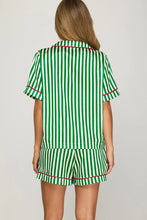 Load image into Gallery viewer, Green STRIPED WOVEN PRINT SHORT SLEEVE TOP AND SHORTS PAJAMA SET
