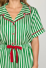 Load image into Gallery viewer, Green STRIPED WOVEN PRINT SHORT SLEEVE TOP AND SHORTS PAJAMA SET

