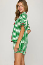 Load image into Gallery viewer, Green STRIPED WOVEN PRINT SHORT SLEEVE TOP AND SHORTS PAJAMA SET
