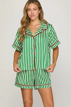 Load image into Gallery viewer, Green STRIPED WOVEN PRINT SHORT SLEEVE TOP AND SHORTS PAJAMA SET
