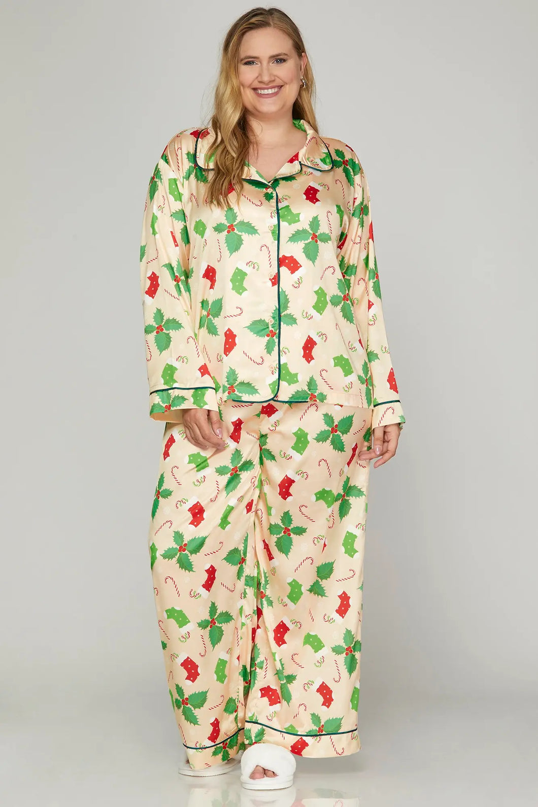 LONG SLEEVE AND LONG PANTS CHRISTMAS PRINTED SATIN PAJAMA SET
