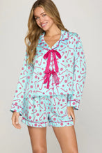 Load image into Gallery viewer, Ice blue LONG SLEEVE FRONT TIE TOP AND SHORTS PRINTED PAJAMA SET
