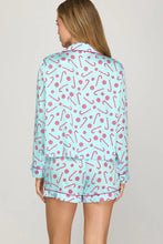 Load image into Gallery viewer, Ice blue LONG SLEEVE FRONT TIE TOP AND SHORTS PRINTED PAJAMA SET

