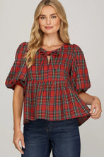 Load image into Gallery viewer, Plus Christmas Plaid babydoll bow tie top

