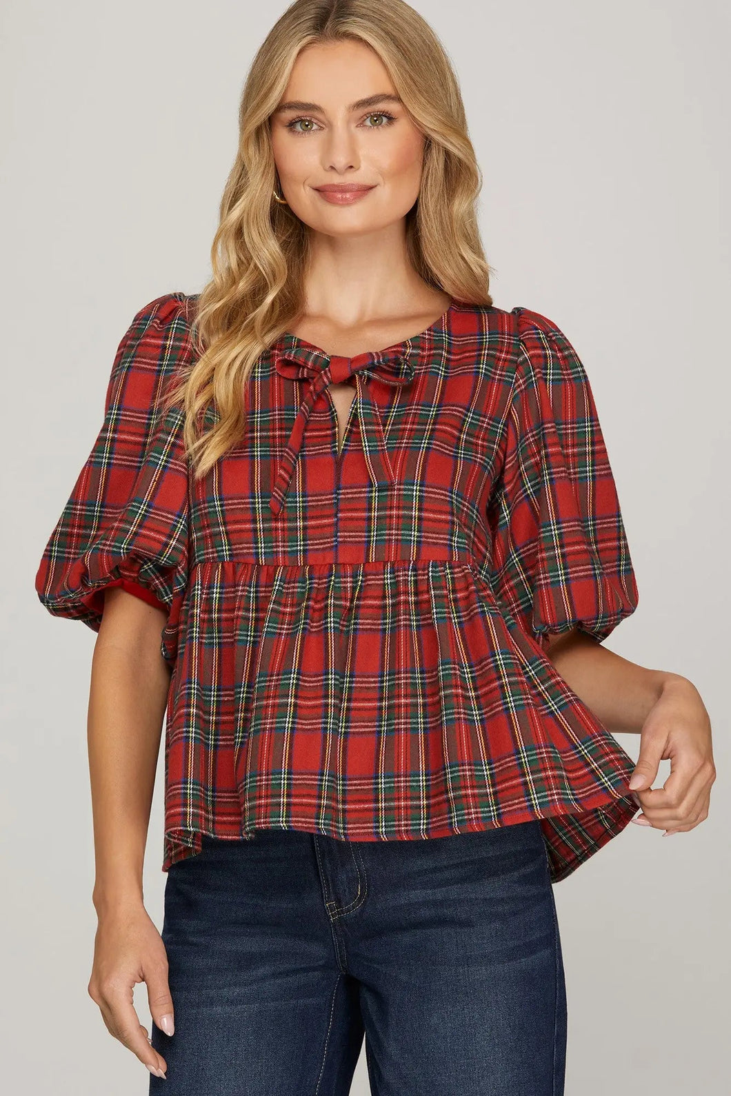 Plus Christmas Plaid babydoll bow tie top