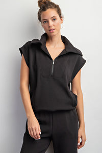 Plus Mae- Scuba super soft black tulip collar half zip top