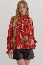 Load image into Gallery viewer, Rust Printed mock neck long sleeve open back top
